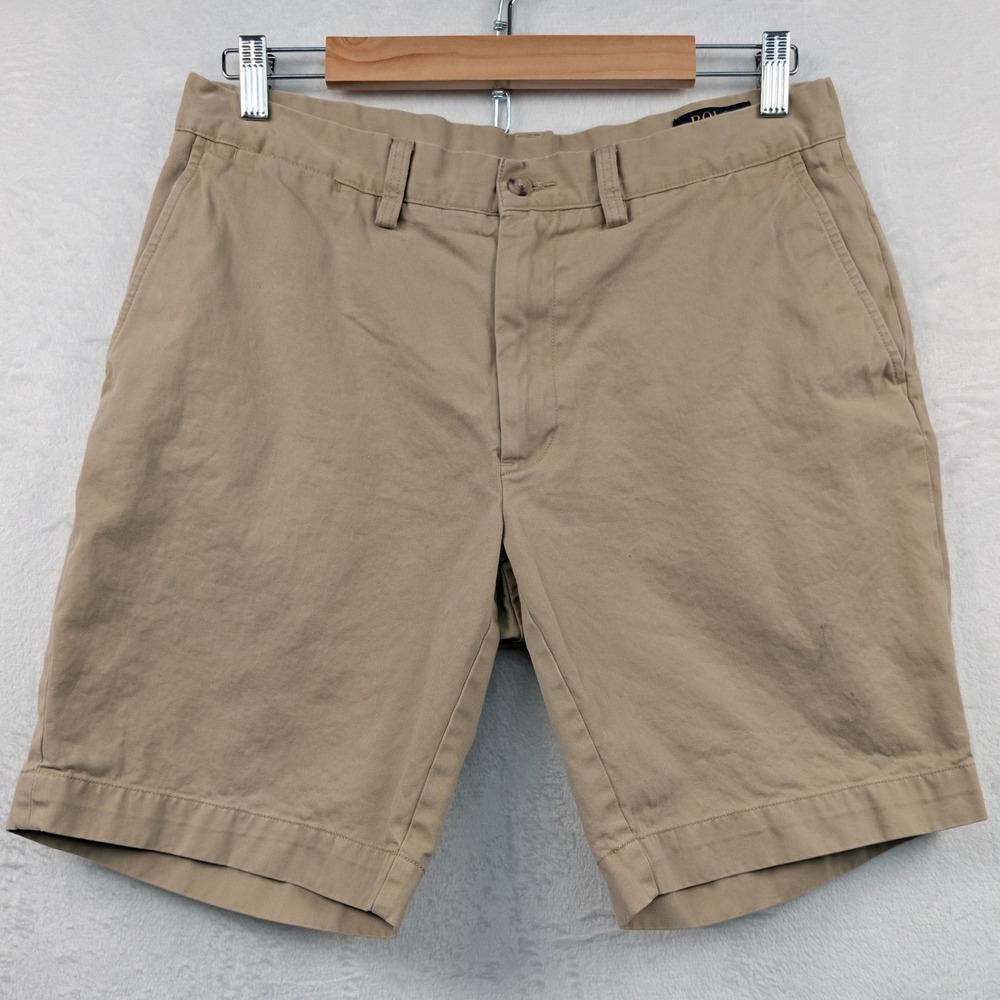 Polo Ralph Lauren Shorts Men's 34 Tan Khaki 10" Twill Flat Front Chino Preppy